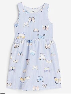 H&M Light Blue Spring Summer Striped Dress with Pastel Butterfly Print, Size 6-7